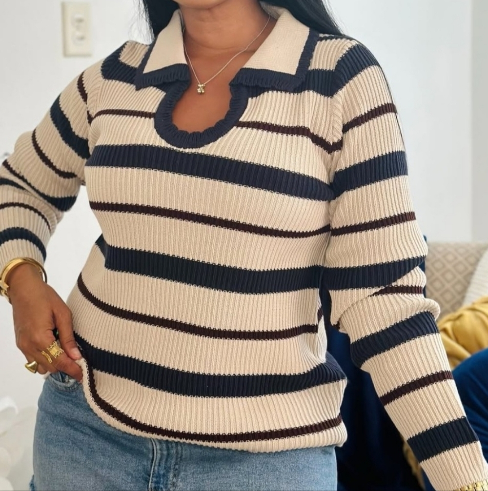Zenana Outfitters V-Neck Striped Sweater - Cream and Black